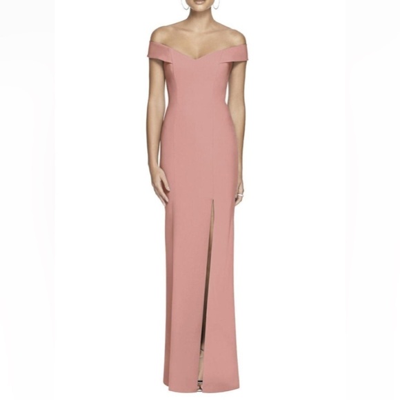 Dessy Collection NWT Rose Crepe off-the-shoulder‎ full length gown, size 2 - Picture 1 of 14